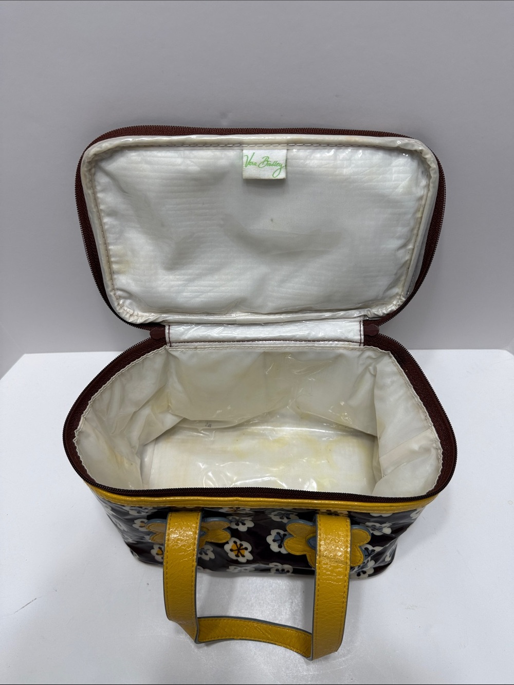 Vera Bradley Maroon Floral Patent Tote with Yellow Handles - Picture 3 of 14